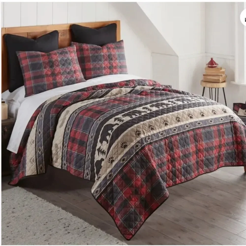 Bear Lodge Printed Reversible King Quilt Set Country Cabin Bonus Tote Bag